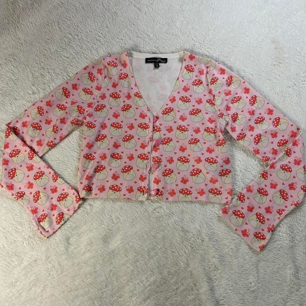 Rare Dolls Kill x Squishmellows pink mushroom cropped cardigan womens size small